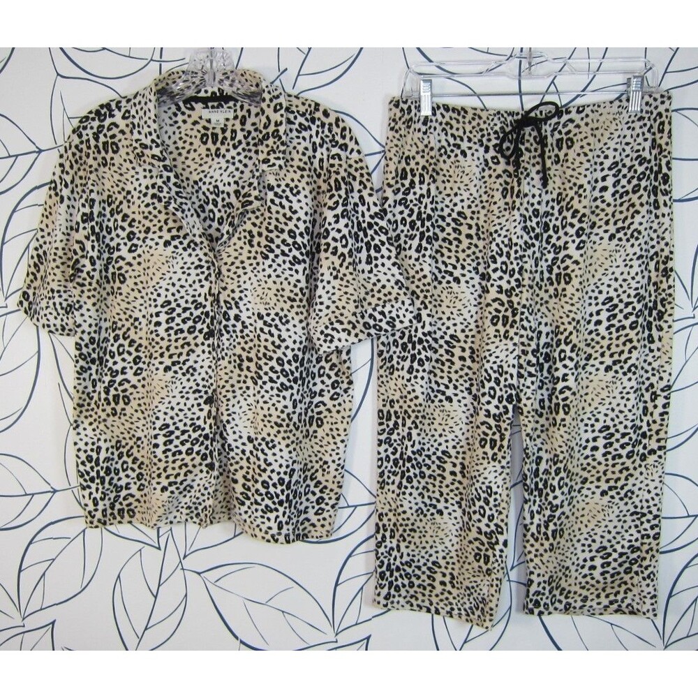 Anne Klein Pajama Set Short Sleeve Capri Pant Brown & Black Animal Print Size M
